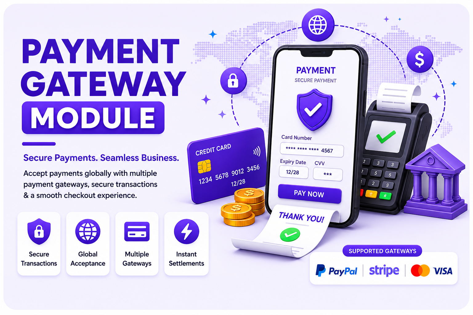 Global Payment Gateway module illustration with card, mobile, and terminal payments